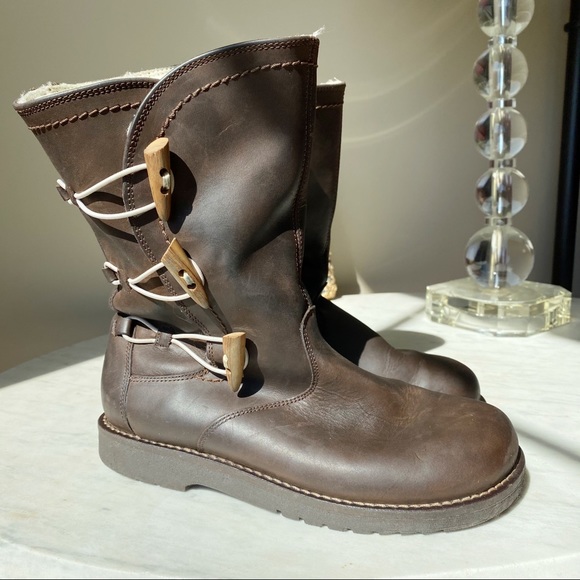 Birkenstock Footprints Alphen Mid Calf Brown Leather Boot Shearling Toggle Size - Picture 2 of 8